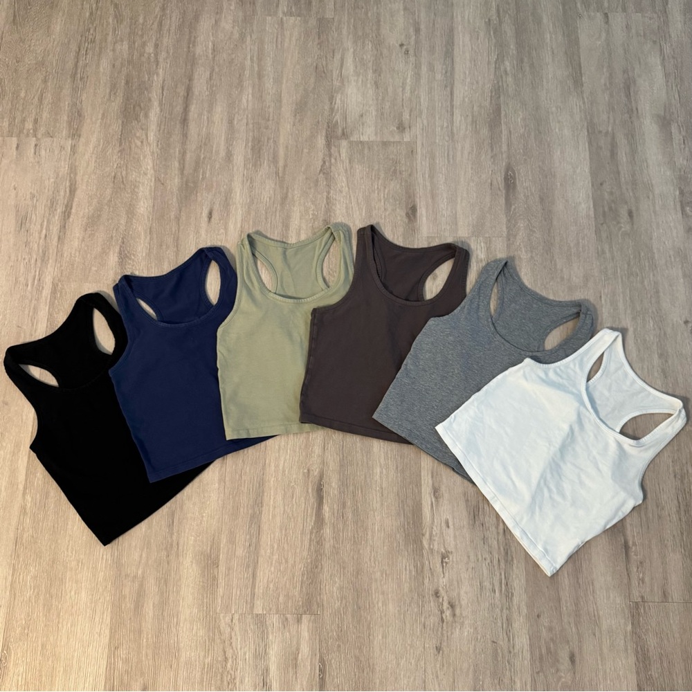 Racerback Crop Tank Tops in Black, Navy, Olive, Dark Grey, Grey, and White